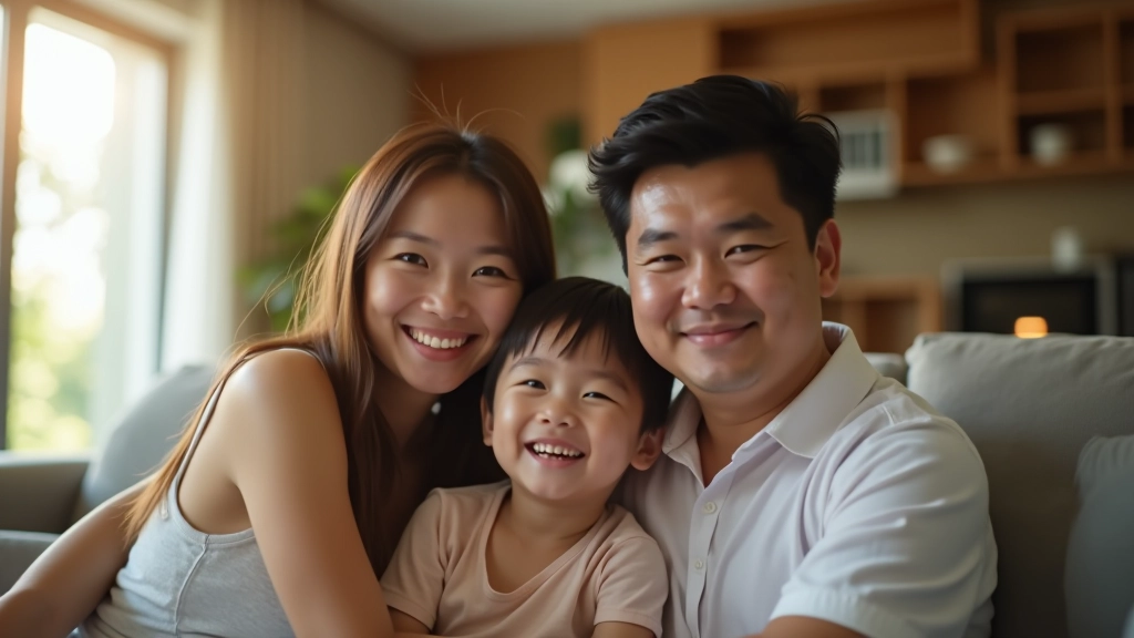 Malaysian family smiling inside their newly purchased home, looking at property documents and keys