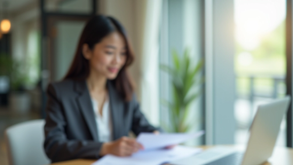 Young Malaysian professional reviewing home purchase documents at desk with laptop and financial planning materials