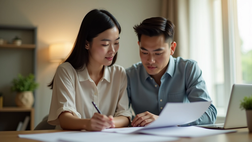 Young couple reviewing financial goals and savings targets on laptop with notebook