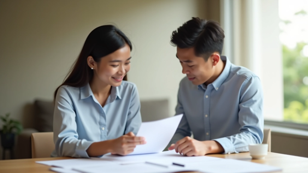 Young Malaysian couple reviewing home purchase documents and planning their first property investment